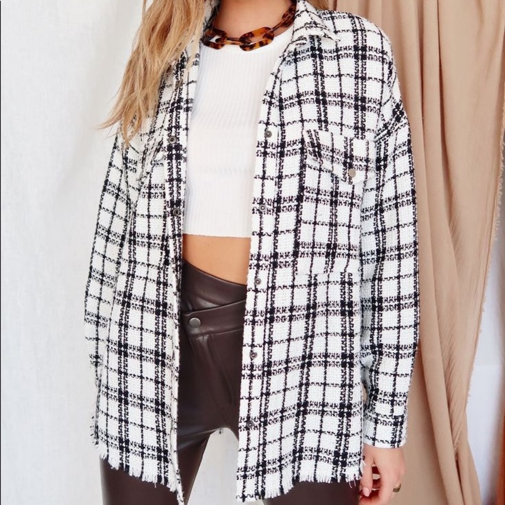 12th Tribe White/Black Plaid Shacket - One Size